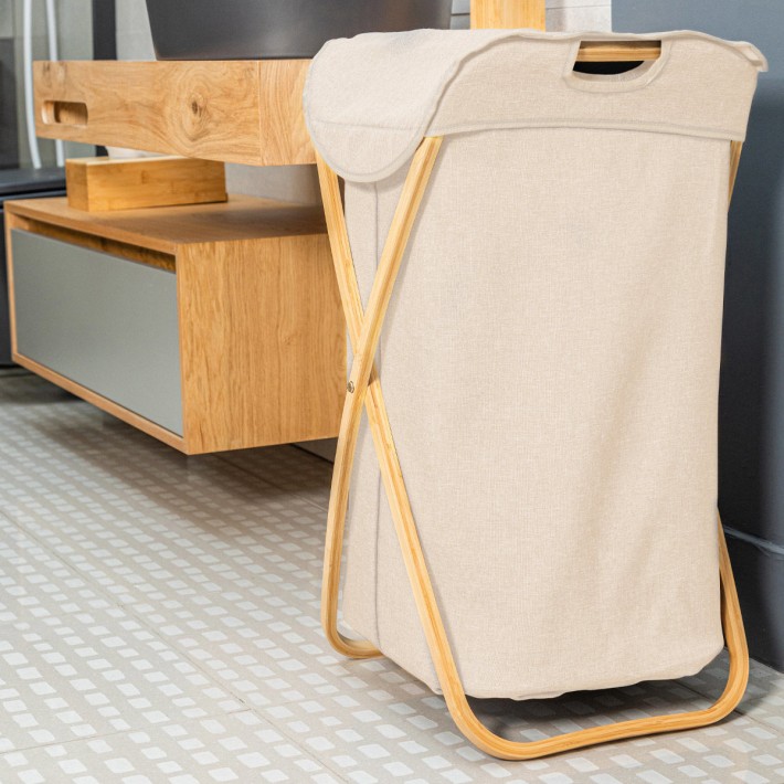 ESTIA ΚΑΛΑΘΙ ΑΠΛΥΤΩΝ BAMBOO ESSENTIALS  40x40x70cm ΜΕ ΘΗΚΗ ΠΟΛΥΕΣΤΕΡΑ ΠΤΥΣΣΟΜΕΝΟ ΜΠΕΖ