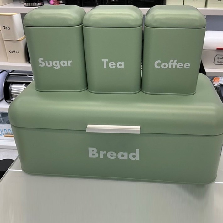 ΣΕΤ 4 ΠΡΑΣΙΝΗ ΜΕΤΑΛΛΙΚΗ ΨΩΜΙΕΡΑ ΜΕ 3 ΚΟΥΤΙΑ (TEA COFFEE SUGAR) 41Χ22Χ16ΕΚ  10,5Χ10,5Χ15ΕΚ