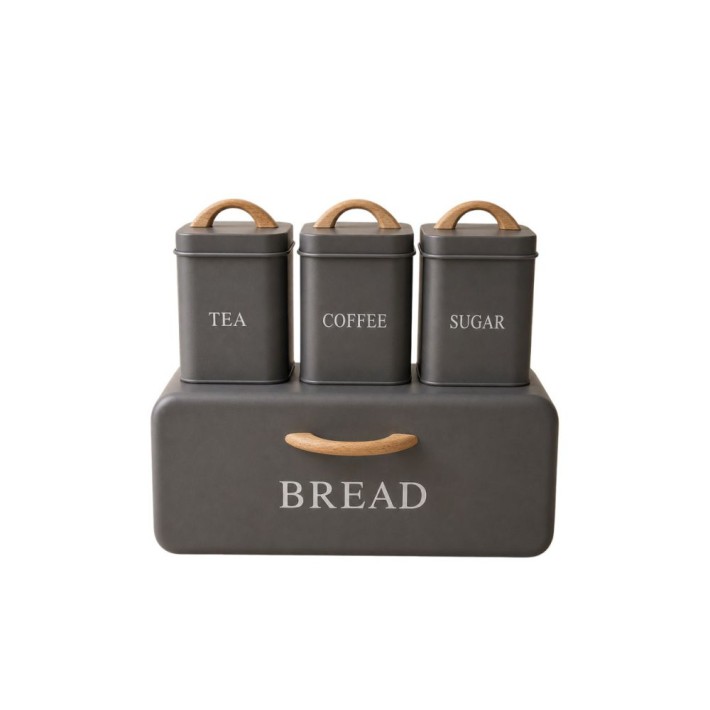 ΣΕΤ 4 ΓΚΡΙ ΜΕΤΑΛΛΙΚΗ ΨΩΜΙΕΡΑ ΜΕ 3 ΚΟΥΤΙΑ (TEA COFFEE SUGAR) 35Χ21Χ20ΕΚ  11Χ11Χ14ΕΚ