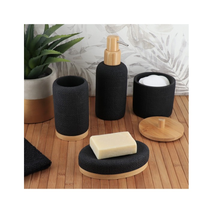 Δοχείο polyresin μαύρο  σαγρέ με καπάκι bamboo
