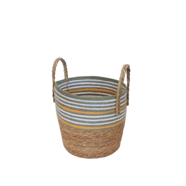 Καλάθι ψάθινο Raffia φυσικό-λαδί-λευκό Φ28,5H26.5/36cm