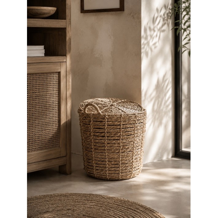 Καλάθι ψάθινο φυσικό με καπάκι  Φ41Χ40/47CM