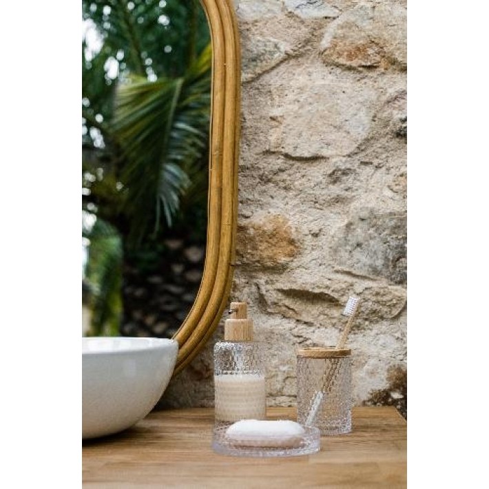 Andrea House Σετ/3 Dispenser- Ποτηροθήκη- Σαπουνοθήκη Γυάλινο με Ξύλο
