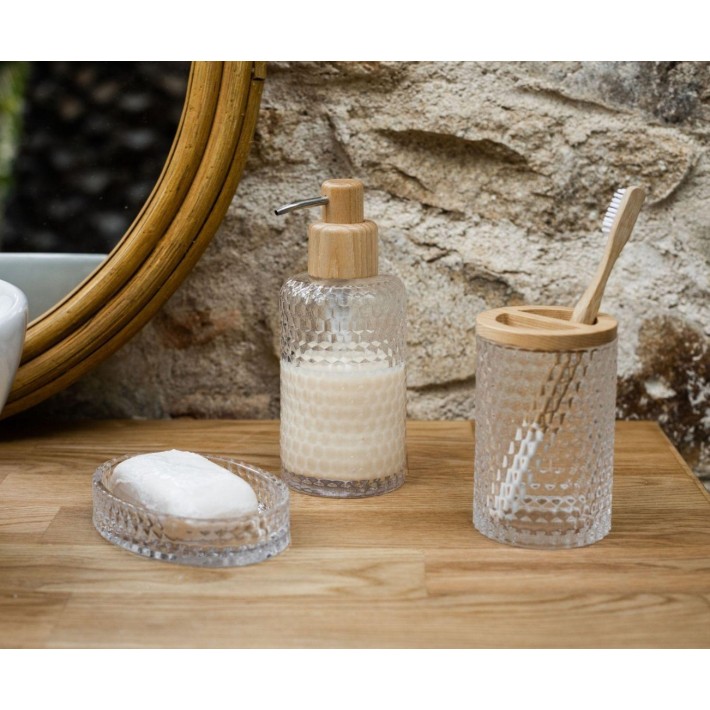 Andrea House Σετ/3 Dispenser- Ποτηροθήκη- Σαπουνοθήκη Γυάλινο με Ξύλο