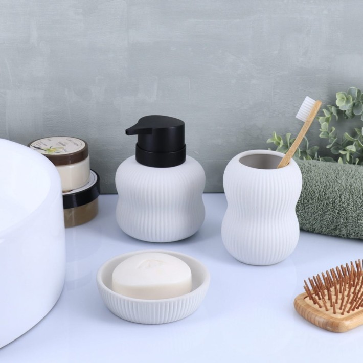 Eurocasa Σετ/3 Dispenser- Ποτηροθήκη- Σαπουνοθήκη Stoneware Λευκό