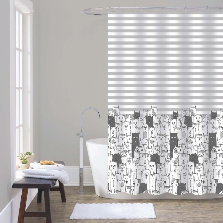 Frans Interior Design K16-20 Κουρτίνα Μπάνιου Υφασμάτινη 180x200 εκ., Γκρι Λευκό