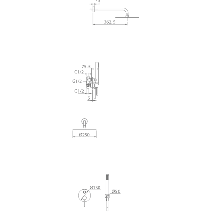 Imex Milos GPMS045/BL Σετ Μίκτης, Τηλέφωνο & Κεφαλή Ντουζ Εντοιχισμού Ντουζιέρας 2 Εξόδων Λευκό Ματ