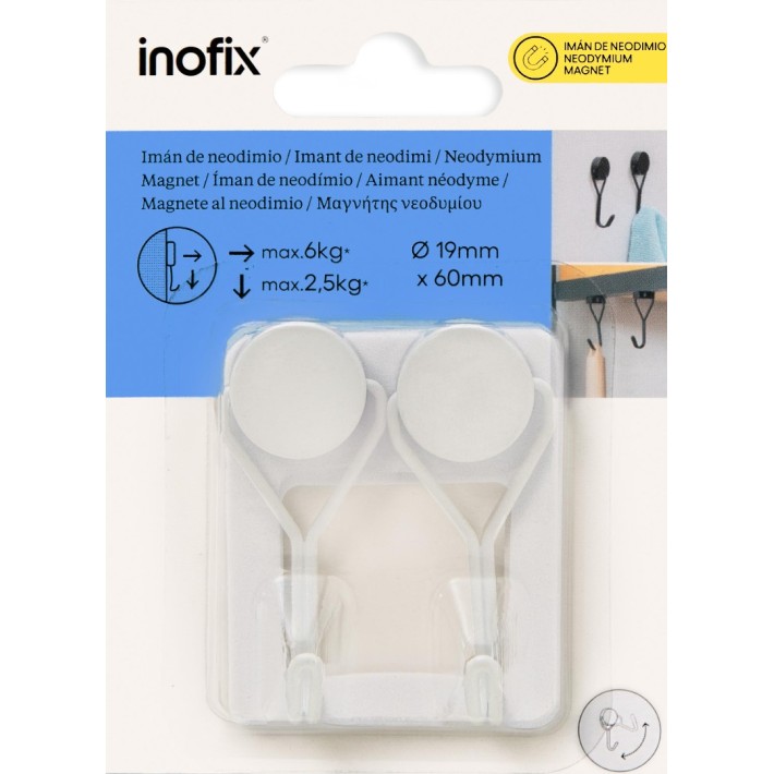 Inofix 4303-2 Μαγνήτης Με Μετακινούμενο Άγκιστρο Λευκ΄ός 19x6mm
